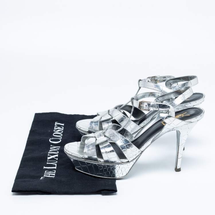 Pre Owned Saint Laurent Silver Croc Embossed Leather Tribute Sandals Size 38