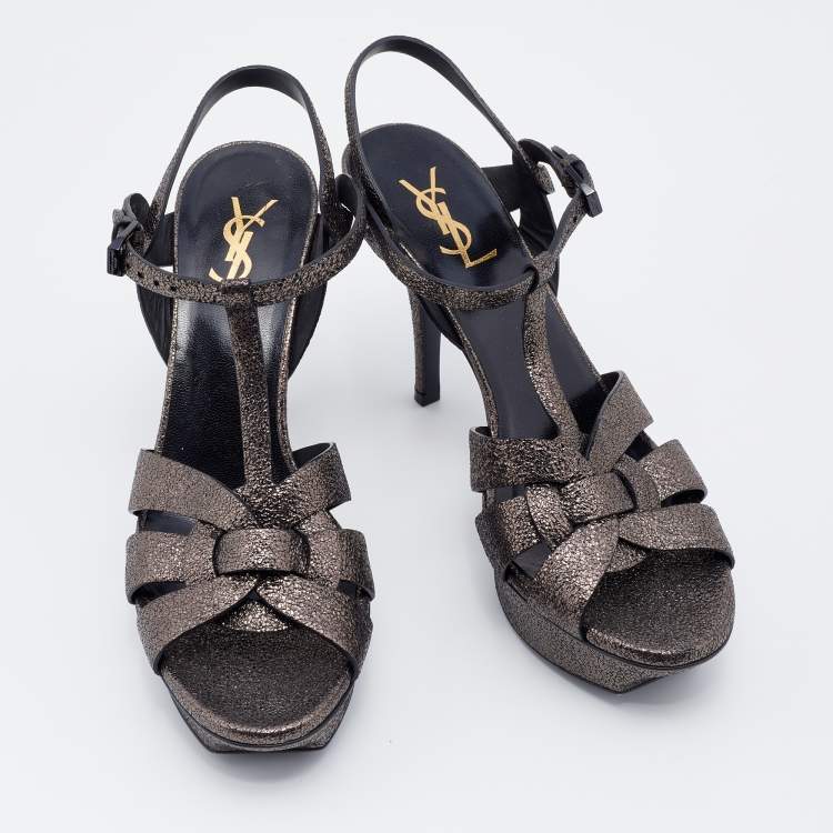 Pre Owned Saint Laurent Metallic Black Leather Tribute Platform Ankle Strap Sandals Size 39.5