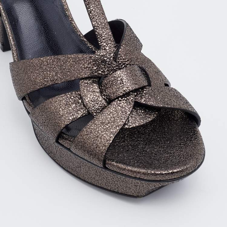 Pre Owned Saint Laurent Metallic Black Leather Tribute Platform Ankle Strap Sandals Size 39.5