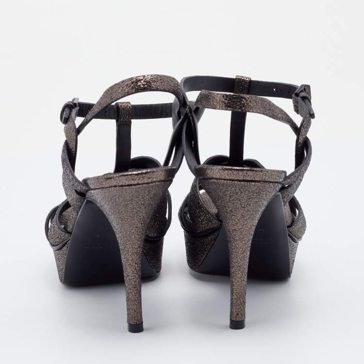 Pre Owned Saint Laurent Metallic Black Leather Tribute Platform Ankle Strap Sandals Size 39.5