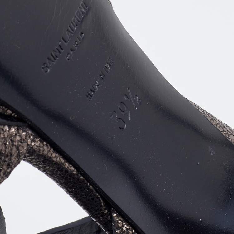 Pre Owned Saint Laurent Metallic Black Leather Tribute Platform Ankle Strap Sandals Size 39.5