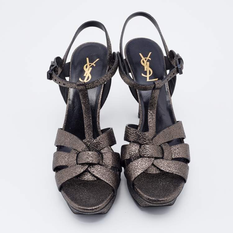 Pre Owned Saint Laurent Metallic Black Leather Tribute Platform Ankle Strap Sandals Size 39.5