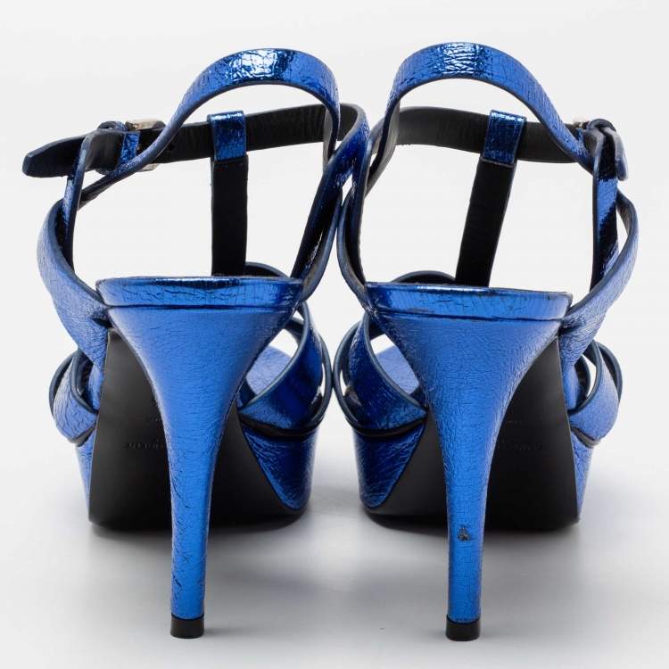 Pre Owned Saint Laurent Metallic Blue Crackled Leather Tribute Platform Sandals Size 39.5