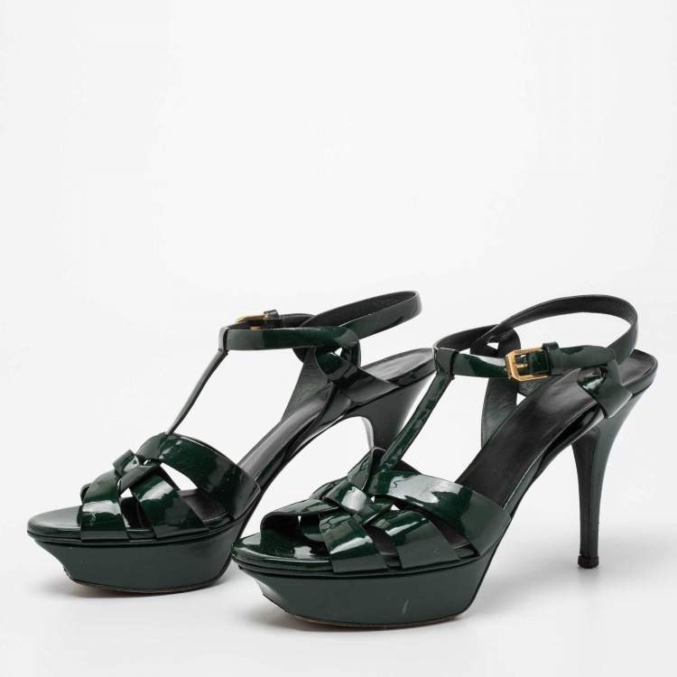 Pre Owned Saint Laurent Dark Green Patent Leather Tribute Platform Sandals Size 38