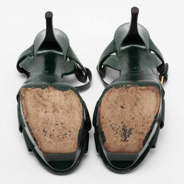 Pre Owned Saint Laurent Dark Green Patent Leather Tribute Platform Sandals Size 38