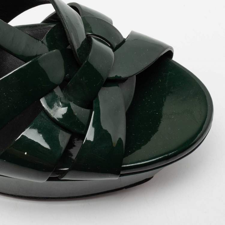 Pre Owned Saint Laurent Dark Green Patent Leather Tribute Platform Sandals Size 38