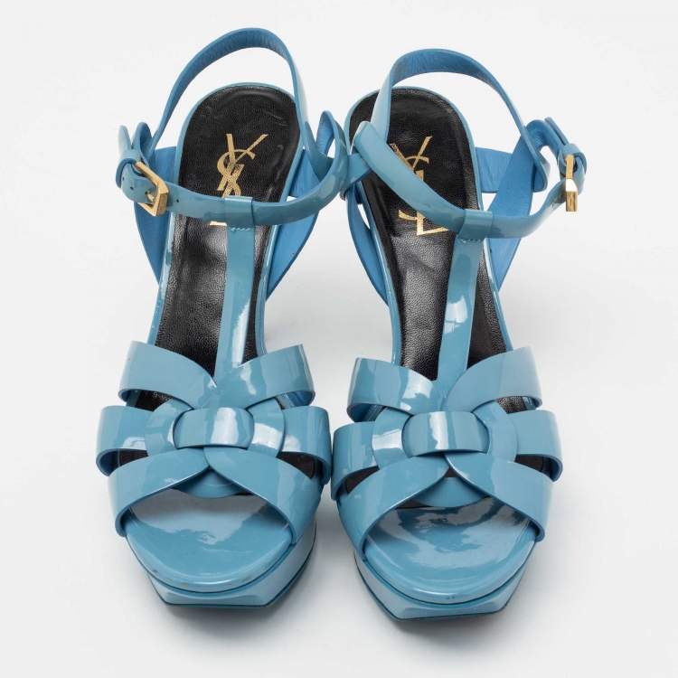 Pre Owned Saint Laurent Light Blue Patent Leather Tribute Platform Sandals Size 38