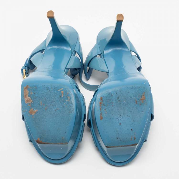 Pre Owned Saint Laurent Light Blue Patent Leather Tribute Platform Sandals Size 38