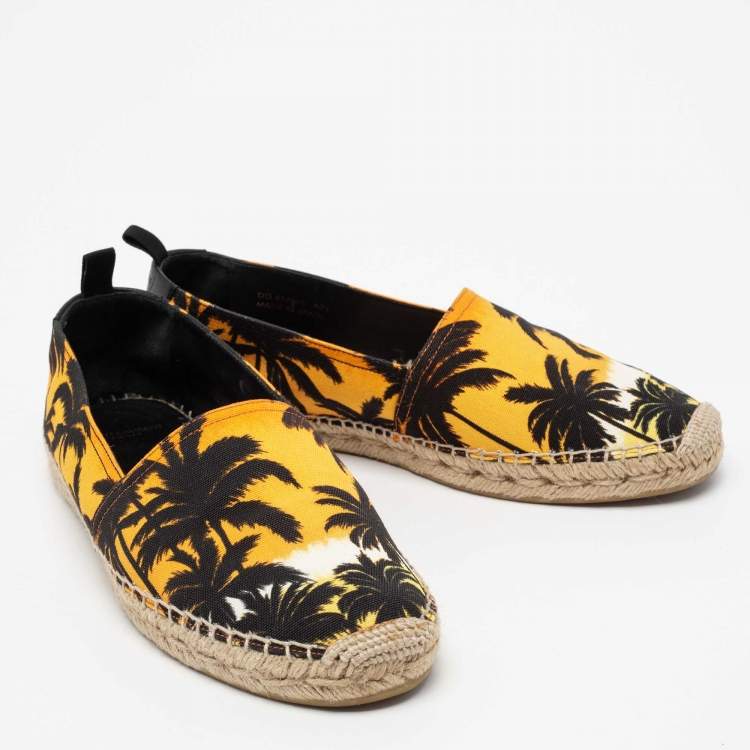Pre Owned Saint Laurent Black/Yellow Palm Trees At Sunset Print Canvas Slip-On Espadrilles Size 40.5