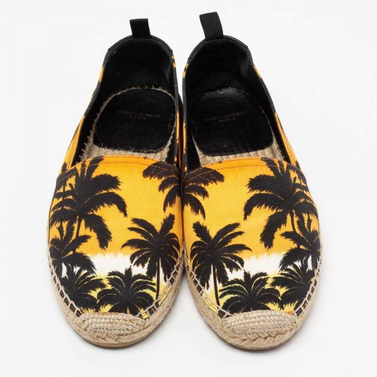 Pre Owned Saint Laurent Black/Yellow Palm Trees At Sunset Print Canvas Slip-On Espadrilles Size 40.5
