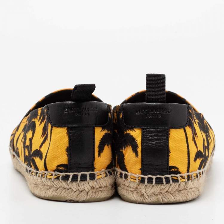 Pre Owned Saint Laurent Black/Yellow Palm Trees At Sunset Print Canvas Slip-On Espadrilles Size 40.5
