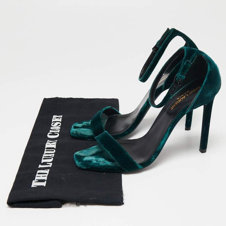 Pre Owned Saint Laurent Dark Green Velvet Amber Ankle-Strap Sandals Size 39.5