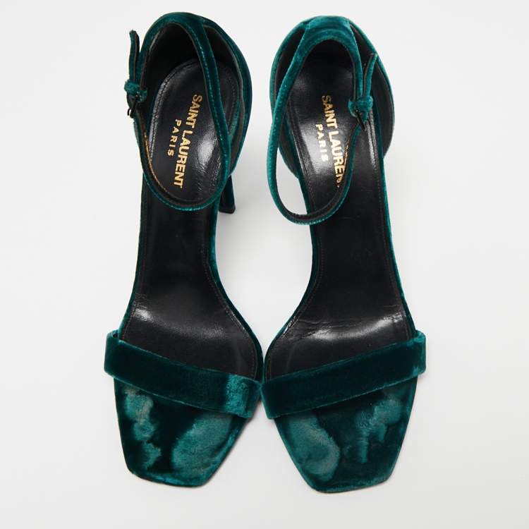 Pre Owned Saint Laurent Dark Green Velvet Amber Ankle-Strap Sandals Size 39.5