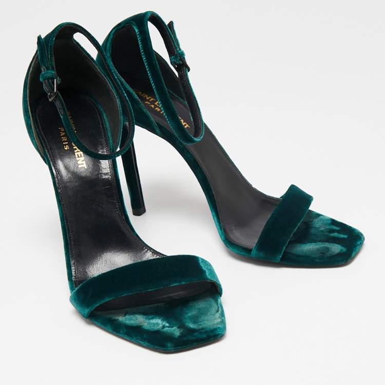 Pre Owned Saint Laurent Dark Green Velvet Amber Ankle-Strap Sandals Size 39.5