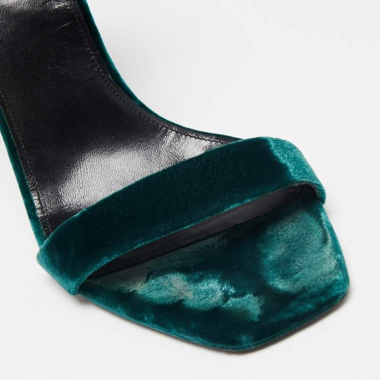 Pre Owned Saint Laurent Dark Green Velvet Amber Ankle-Strap Sandals Size 39.5