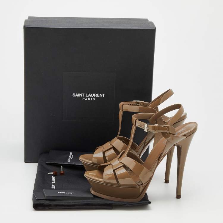 مملوكة مسبقًا Saint Laurent Brown Patent Leather Tribute Platform Ankle Strap Sandals Size 37.5
