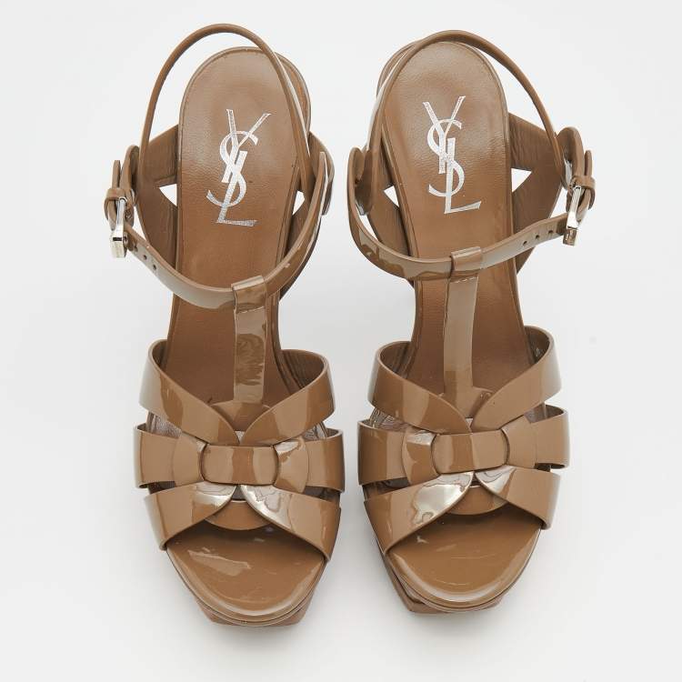مملوكة مسبقًا Saint Laurent Brown Patent Leather Tribute Platform Ankle Strap Sandals Size 37.5