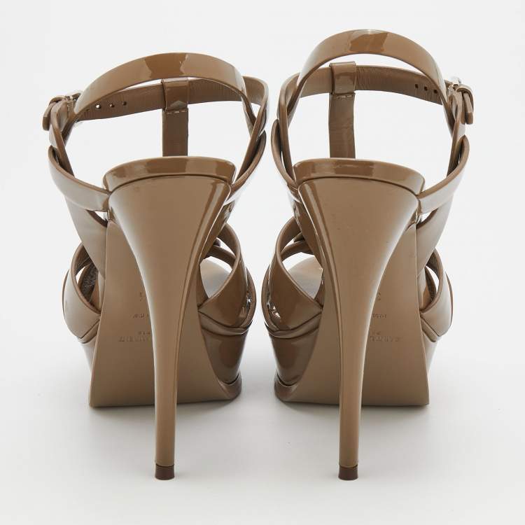 مملوكة مسبقًا Saint Laurent Brown Patent Leather Tribute Platform Ankle Strap Sandals Size 37.5