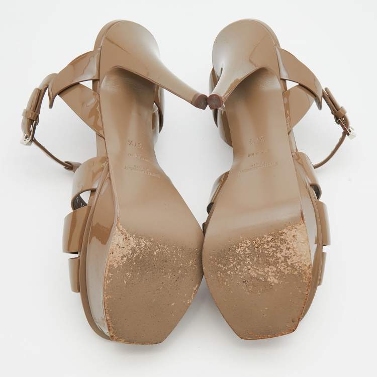 مملوكة مسبقًا Saint Laurent Brown Patent Leather Tribute Platform Ankle Strap Sandals Size 37.5