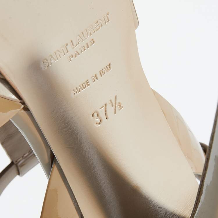 مملوكة مسبقًا Saint Laurent Brown Patent Leather Tribute Platform Ankle Strap Sandals Size 37.5