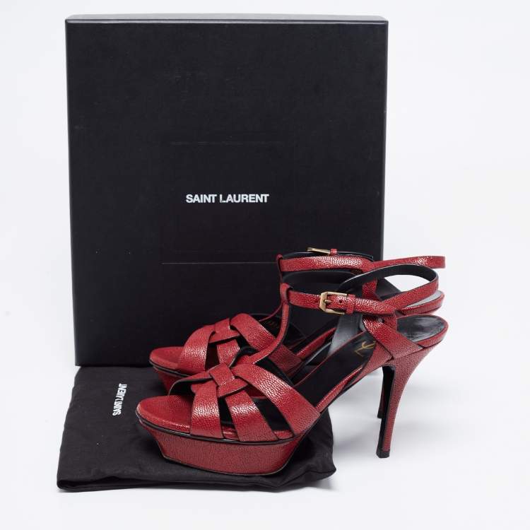 Pre Owned Saint Laurent Burgundy Leather Tribute Platform Ankle Strap Sandals Size 38