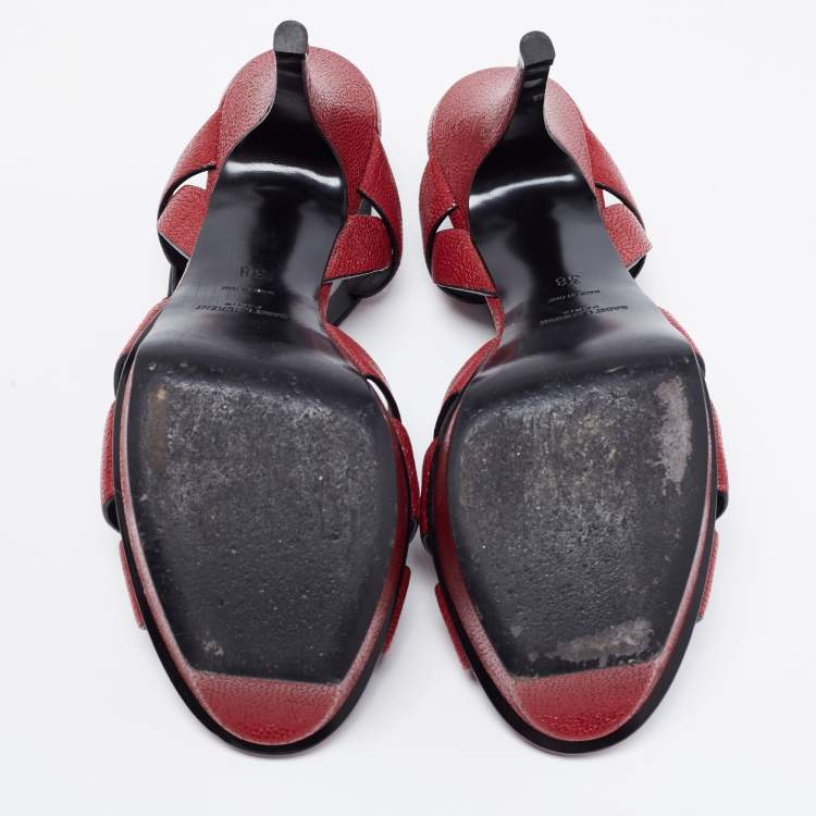Pre Owned Saint Laurent Burgundy Leather Tribute Platform Ankle Strap Sandals Size 38