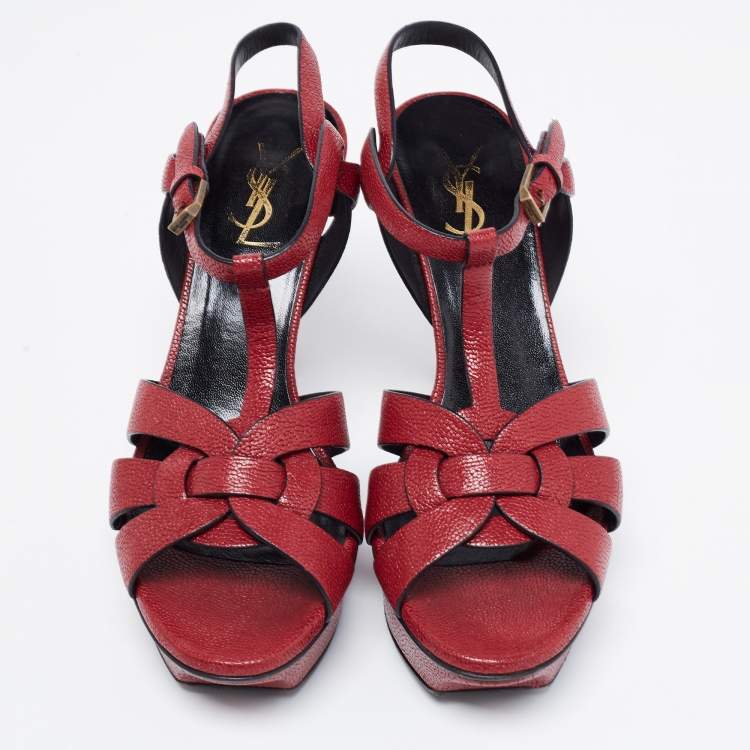 Pre Owned Saint Laurent Burgundy Leather Tribute Platform Ankle Strap Sandals Size 38
