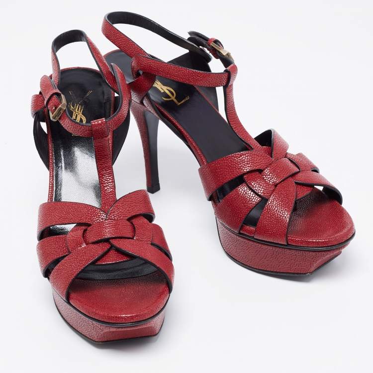 Pre Owned Saint Laurent Burgundy Leather Tribute Platform Ankle Strap Sandals Size 38