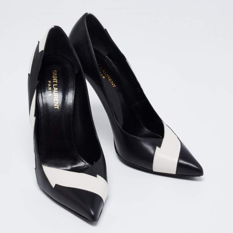 مملوكة مسبقًا Saint Laurent Black/White Leather Janis Flash Pumps Size 39