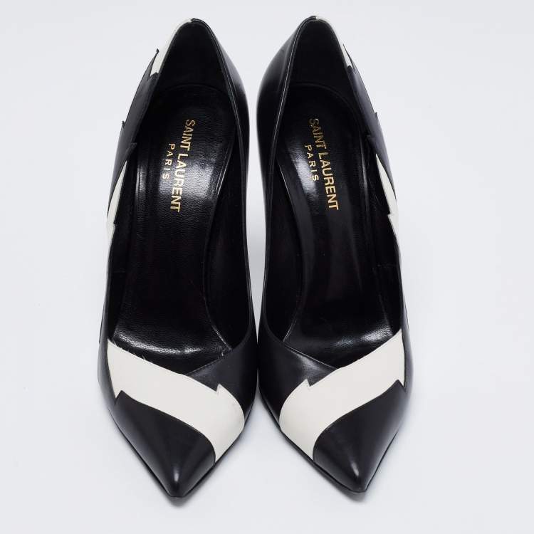 مملوكة مسبقًا Saint Laurent Black/White Leather Janis Flash Pumps Size 39