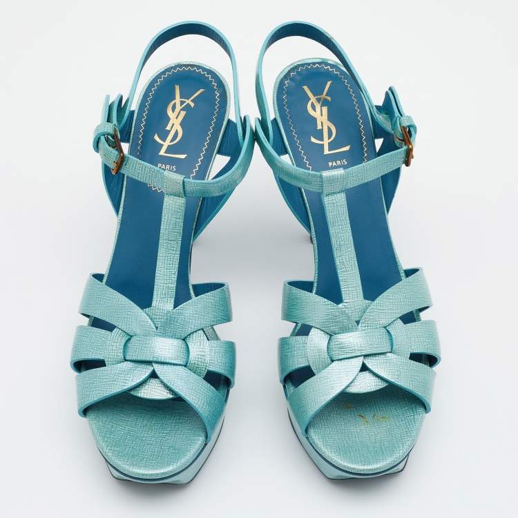 Pre Owned Saint Laurent Turquoise Patent Leather Tribute Platform Sandals Size 39