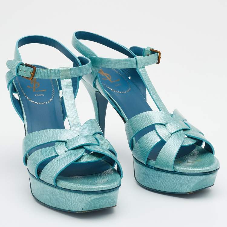 Pre Owned Saint Laurent Turquoise Patent Leather Tribute Platform Sandals Size 39