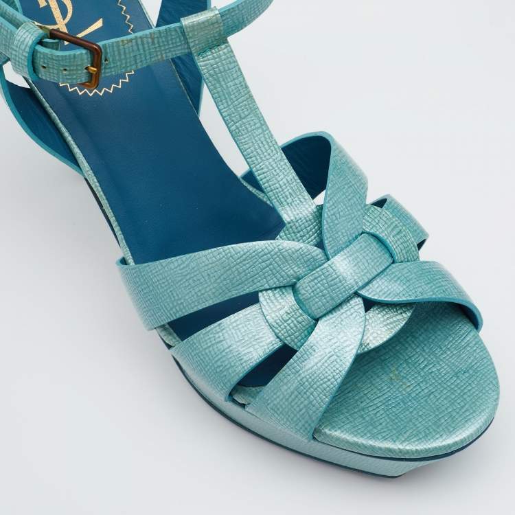 Pre Owned Saint Laurent Turquoise Patent Leather Tribute Platform Sandals Size 39
