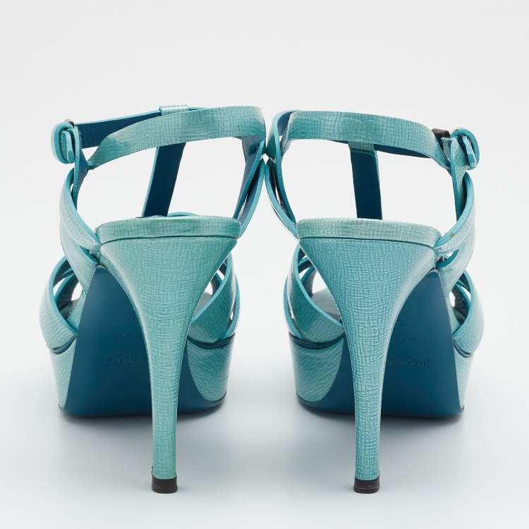 Pre Owned Saint Laurent Turquoise Patent Leather Tribute Platform Sandals Size 39