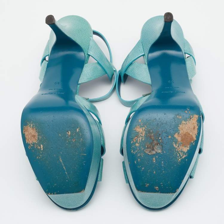 Pre Owned Saint Laurent Turquoise Patent Leather Tribute Platform Sandals Size 39