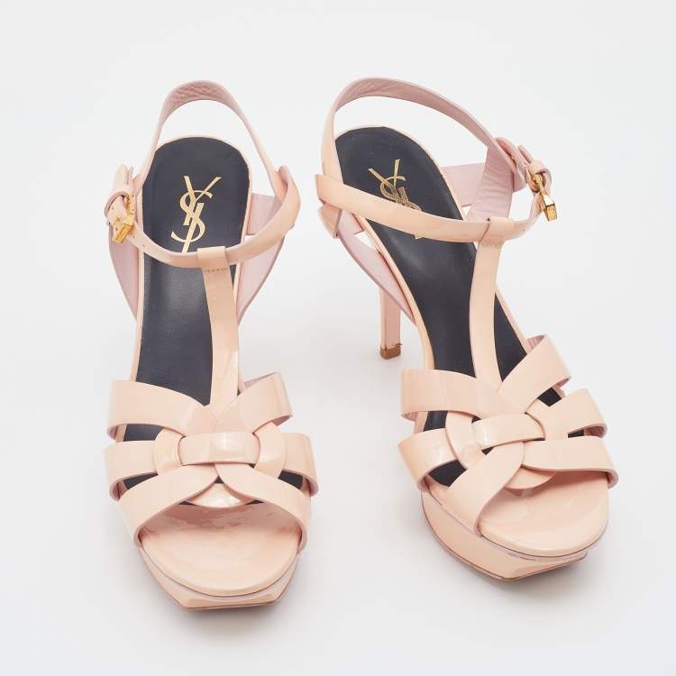 مملوكة مسبقًا Saint Laurent Beige Patent Leather Tribute Ankle Strap Platform Sandals Size 39.5