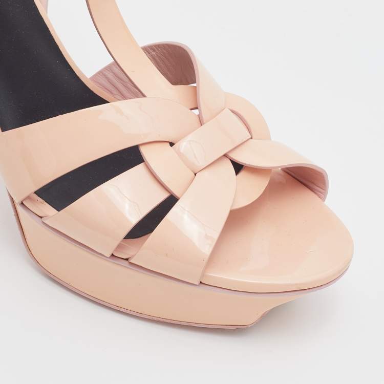 مملوكة مسبقًا Saint Laurent Beige Patent Leather Tribute Ankle Strap Platform Sandals Size 39.5