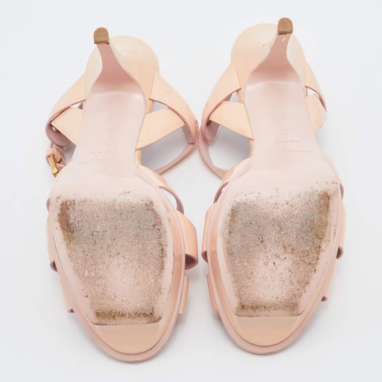 مملوكة مسبقًا Saint Laurent Beige Patent Leather Tribute Ankle Strap Platform Sandals Size 39.5