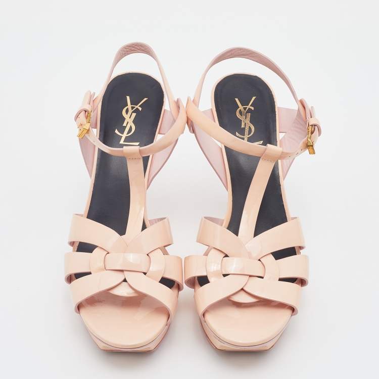 مملوكة مسبقًا Saint Laurent Beige Patent Leather Tribute Ankle Strap Platform Sandals Size 39.5