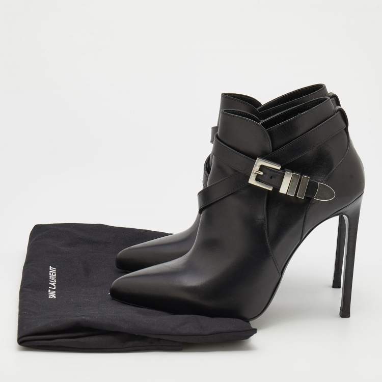 Pre Owned Saint Laurent Black Leather Pointed Toe Booties Size 38