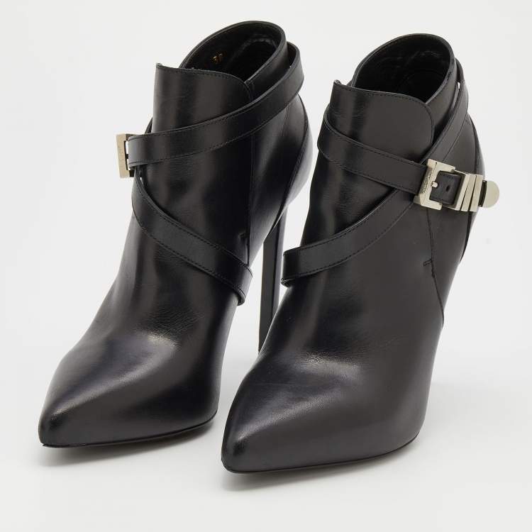 Pre Owned Saint Laurent Black Leather Pointed Toe Booties Size 38