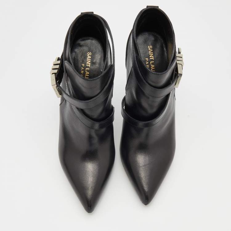 Pre Owned Saint Laurent Black Leather Pointed Toe Booties Size 38