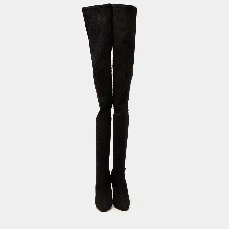 Pre Owned Saint Laurent Black Knit Fabric Over The Knee Boots Size 40