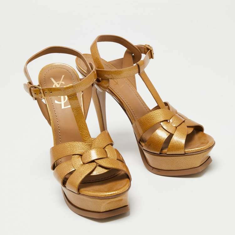 Pre Owned Saint Laurent Mustard Textured Patent Leather Tribute Platform Sandals Size 37