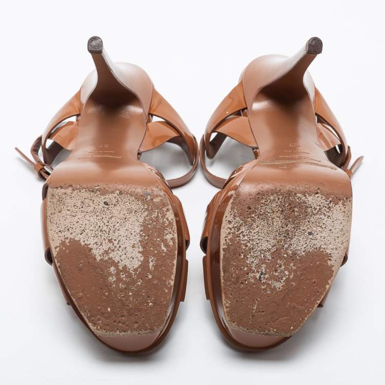 Pre Owned Saint Laurent Brown Patent Leather Tribute Platform Sandals Size 37