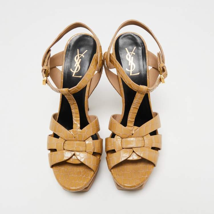Pre Owned Saint Laurent Beige Croc Embossed Leather Tribute Platform Sandals Size 40.5