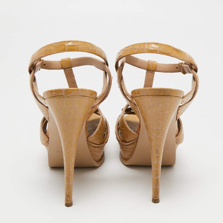 Pre Owned Saint Laurent Beige Croc Embossed Leather Tribute Platform Sandals Size 40.5
