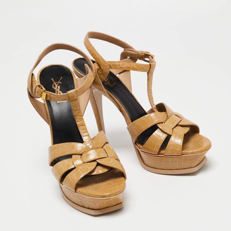 Pre Owned Saint Laurent Beige Croc Embossed Leather Tribute Platform Sandals Size 40.5
