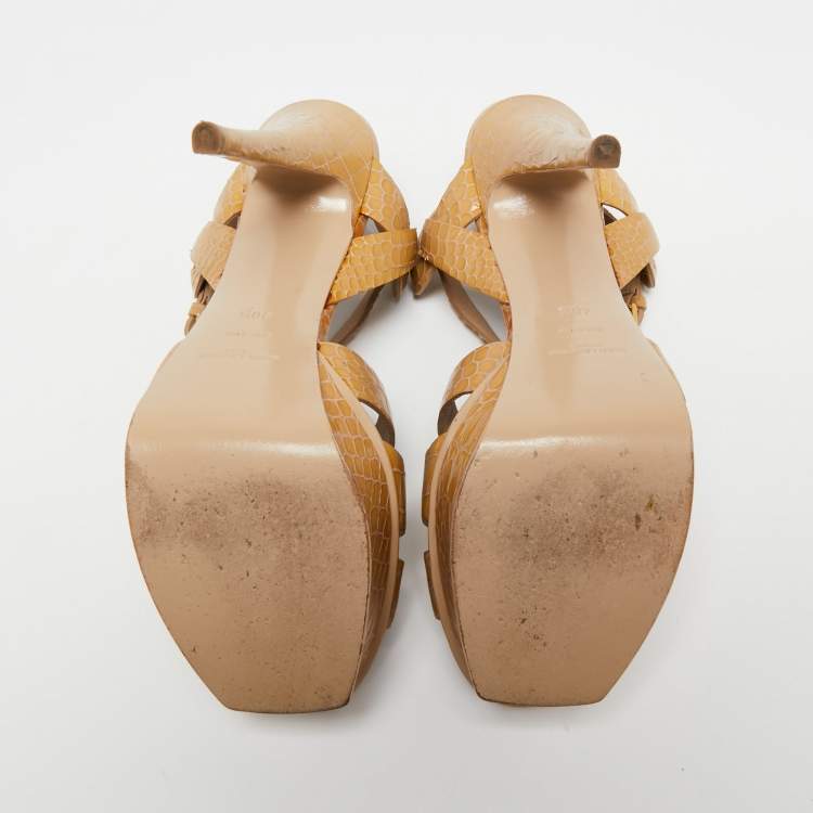 Pre Owned Saint Laurent Beige Croc Embossed Leather Tribute Platform Sandals Size 40.5