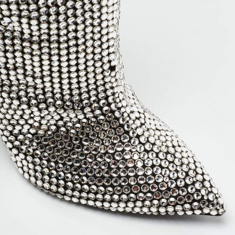 Pre Owned Saint Laurent Silver Crystal And Suede Over The Knee Boots Size 40 